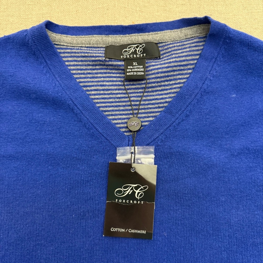 Foxcroft Royal Blue Cotton Cashmere V-Neck Sweater XL NWT 749065